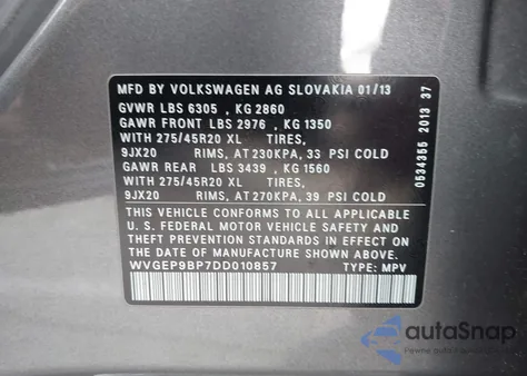 2013 Volkswagen Touareg Tdi Executive из США, поврежденный, VIN WVGEP9BP7DD010857